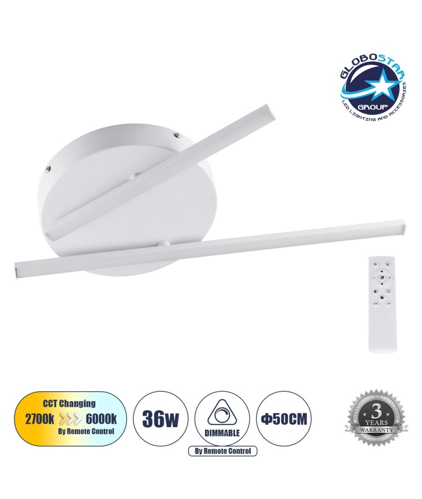 GLOBOSTAR® DRACO 61092 Μοντέρνο Φωτιστικό Οροφής LED 36W 4428lm 120° AC 220-240V IP20 Ρυθμιζόμενο Λευκό CCT με Χειριστήριο από 2700K έως 6000K Dimmable - Lumileds SMD Chip - Λευκό Ματ - Μ50 x Π50 x Υ6cm - 3 Χρόνια Εγγύηση